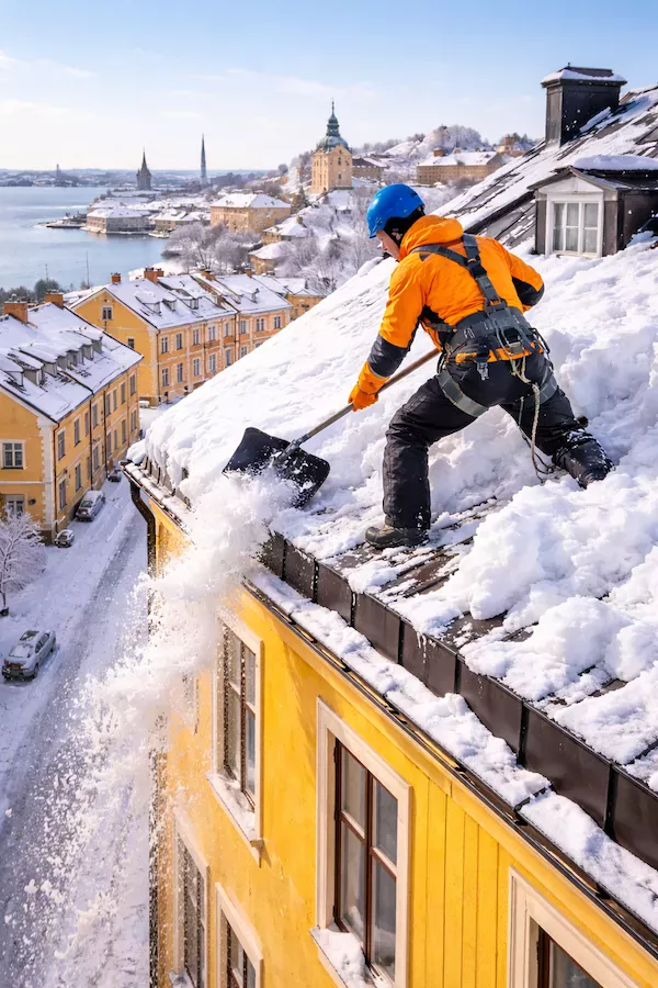 Takskottning på fastighet i Karlskrona under vinter – säker snöröjning från taket på gul trähus med utsikt mot stadens hamn och snöklädda kvarter.